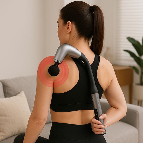 femme de dos en camisole noir pistolet massage sofa gris fond flou