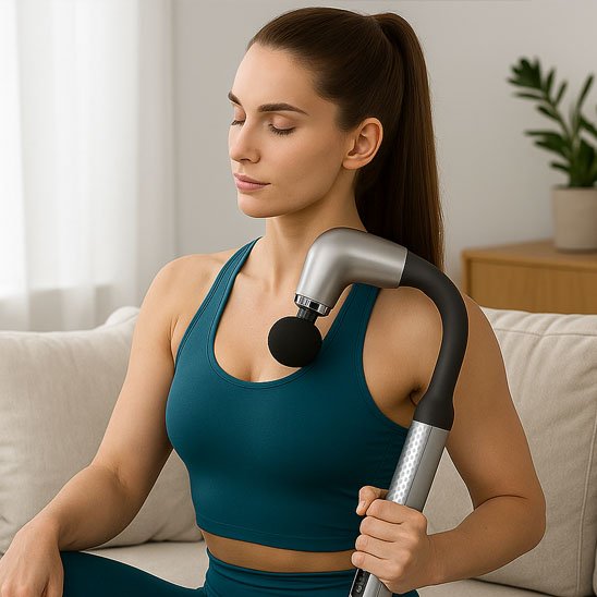 femme en camisole sarcelle assis pistolet de massage gris et noir sofa beige fond flou