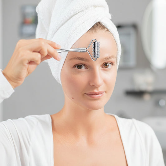 femme avec serviette autour de la tête avec rouleau de massage sur le front dans une salle de bain 