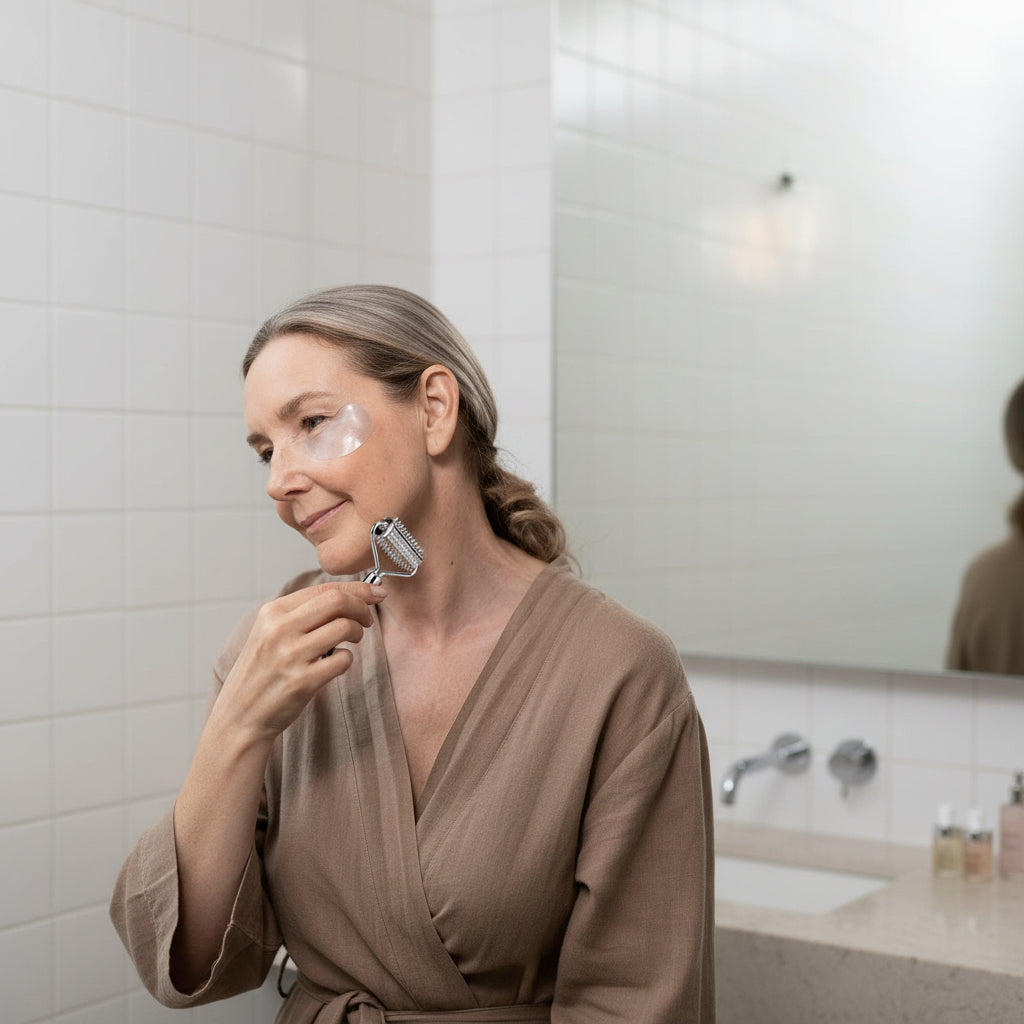 femme peignoir brun roule rouleau de massage sur visage dans une petite salle de bain