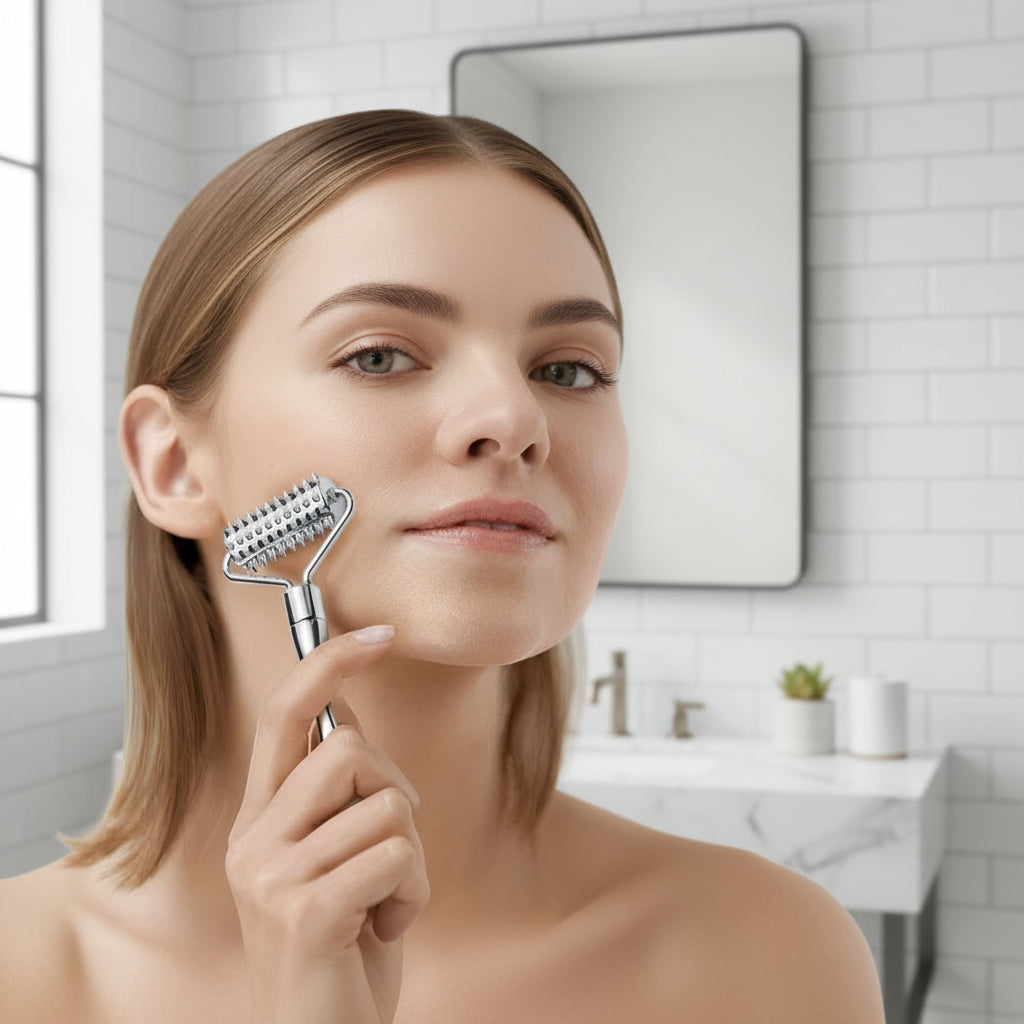 femme avec la main droite sur rouleau de massage sur joue droite dans la salle de bain