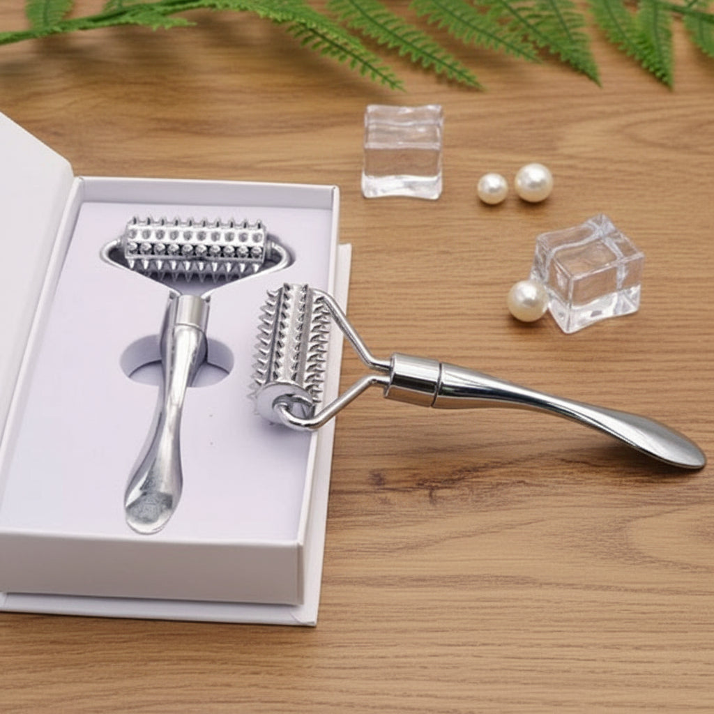 deux rouleau de massage avec deux cube de glace et deux perle surn une table de bois