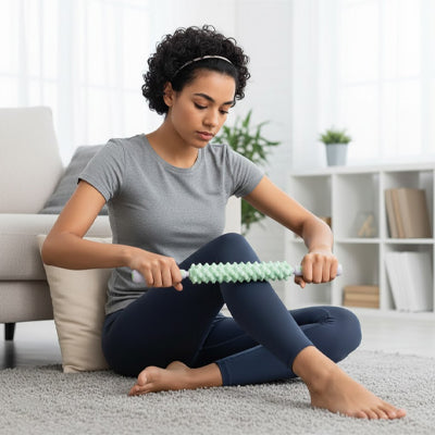 femme les mains sur un rouleau de massage vert sur la jambe dans le salon
