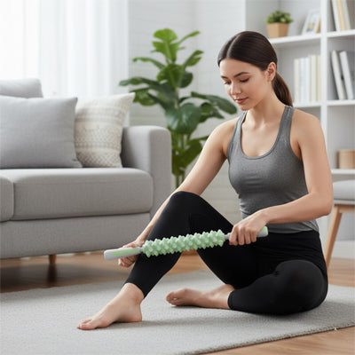 femme pantalon noir rouleau de massage vert tapis gris dans le salon