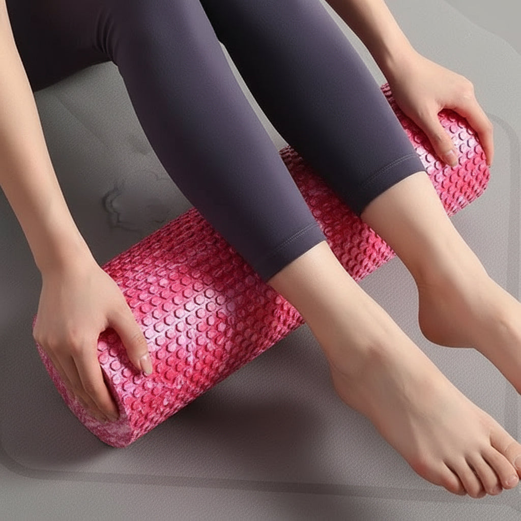 femme en pantalon violet les jambes sur rouleau de massage rose sur tapis gris