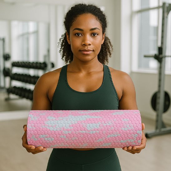 femme en noir avec rouleau de massage dans une salle de gymnase