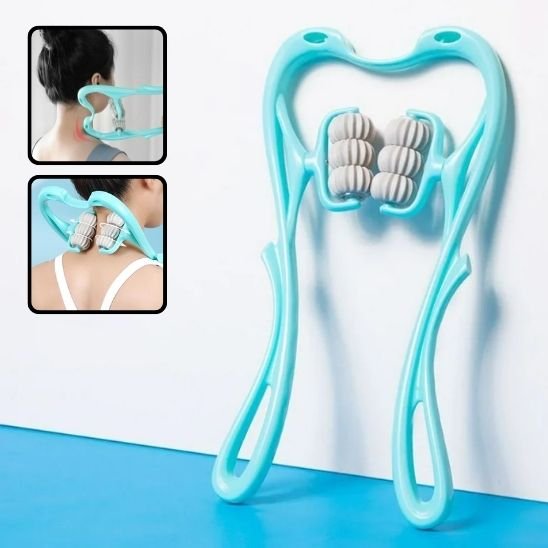 rouleau de massage bleu sur mur blanc