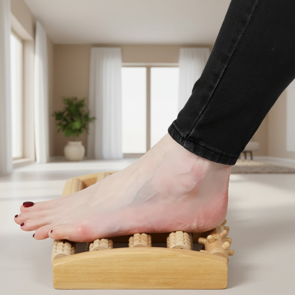 pied avec ongle rouge sur rouleaux de massage en bois dans le salon 