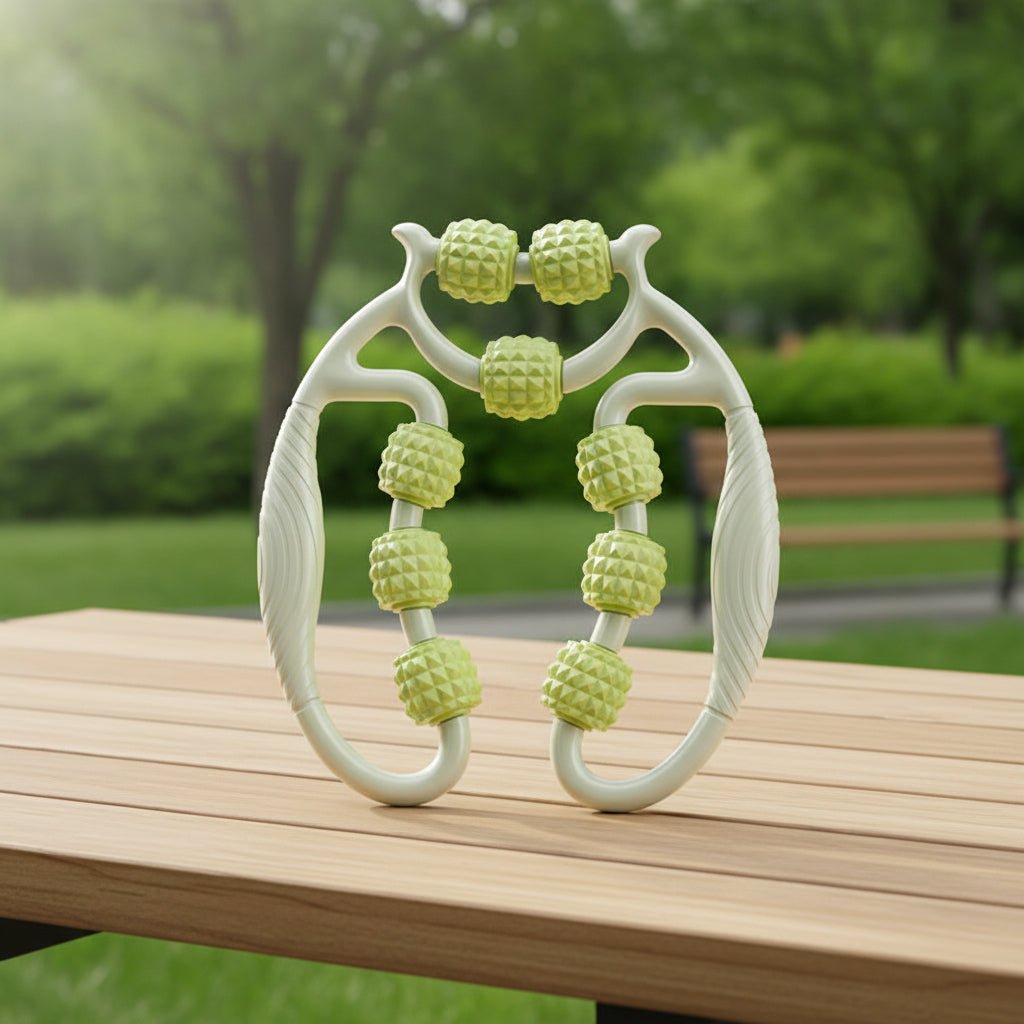 rouleaux de  massage vert sur une table de parc