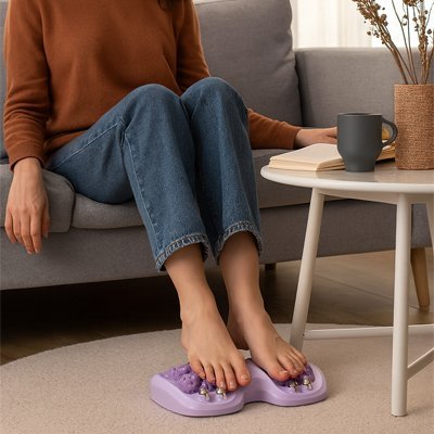 pieds sur rouleaux de massage violet table café sofa gris