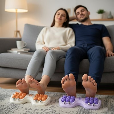 couple les deux pieds sur rouleaux de massage violet et orange dans le salon