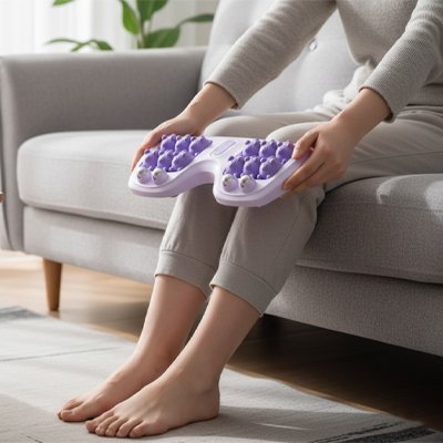 rouleaux de massage violet sur pantalon gris dans le salon