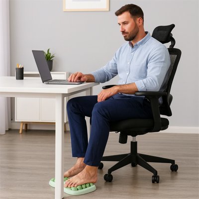 homme pantalon bleu rouleaux de massage vert chaise ordinateur dans son bureau
