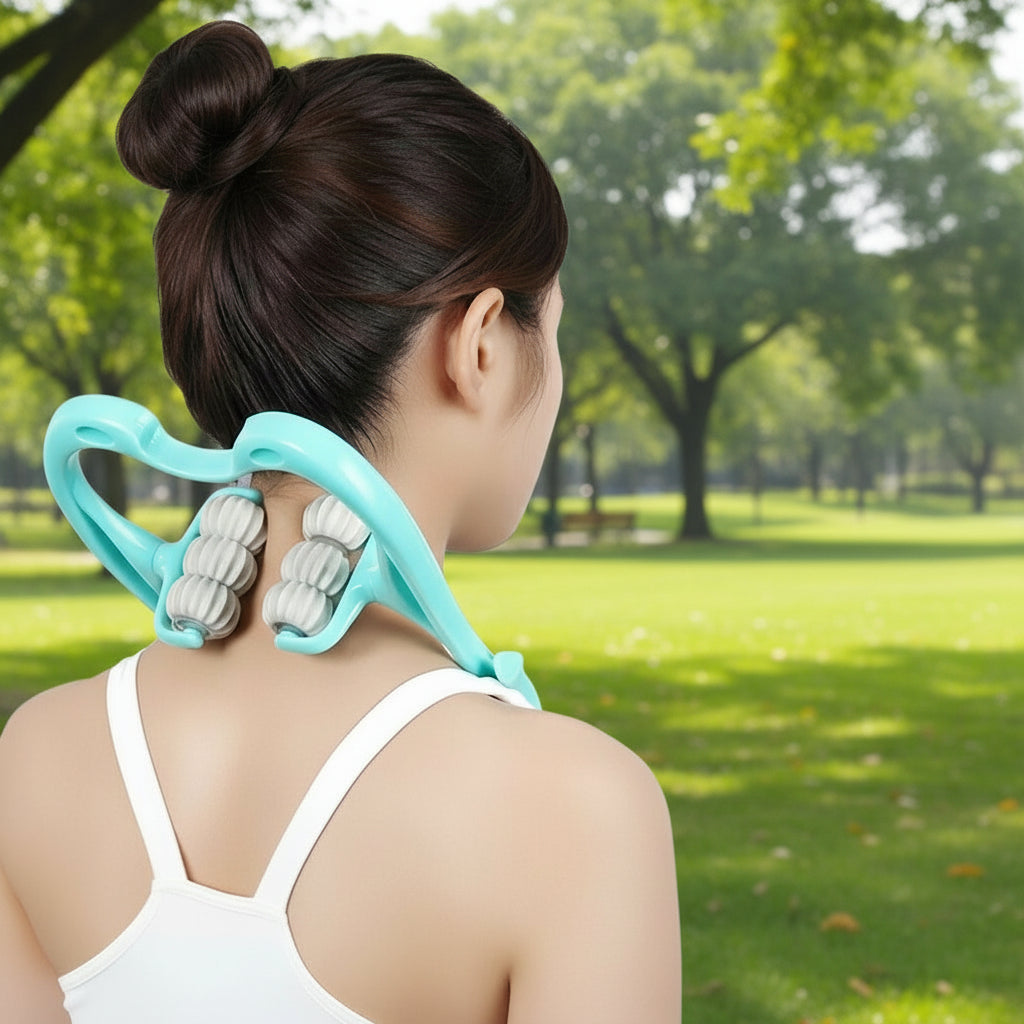 rouleaux de massage bleu sur nuque d'une femme dans un parc