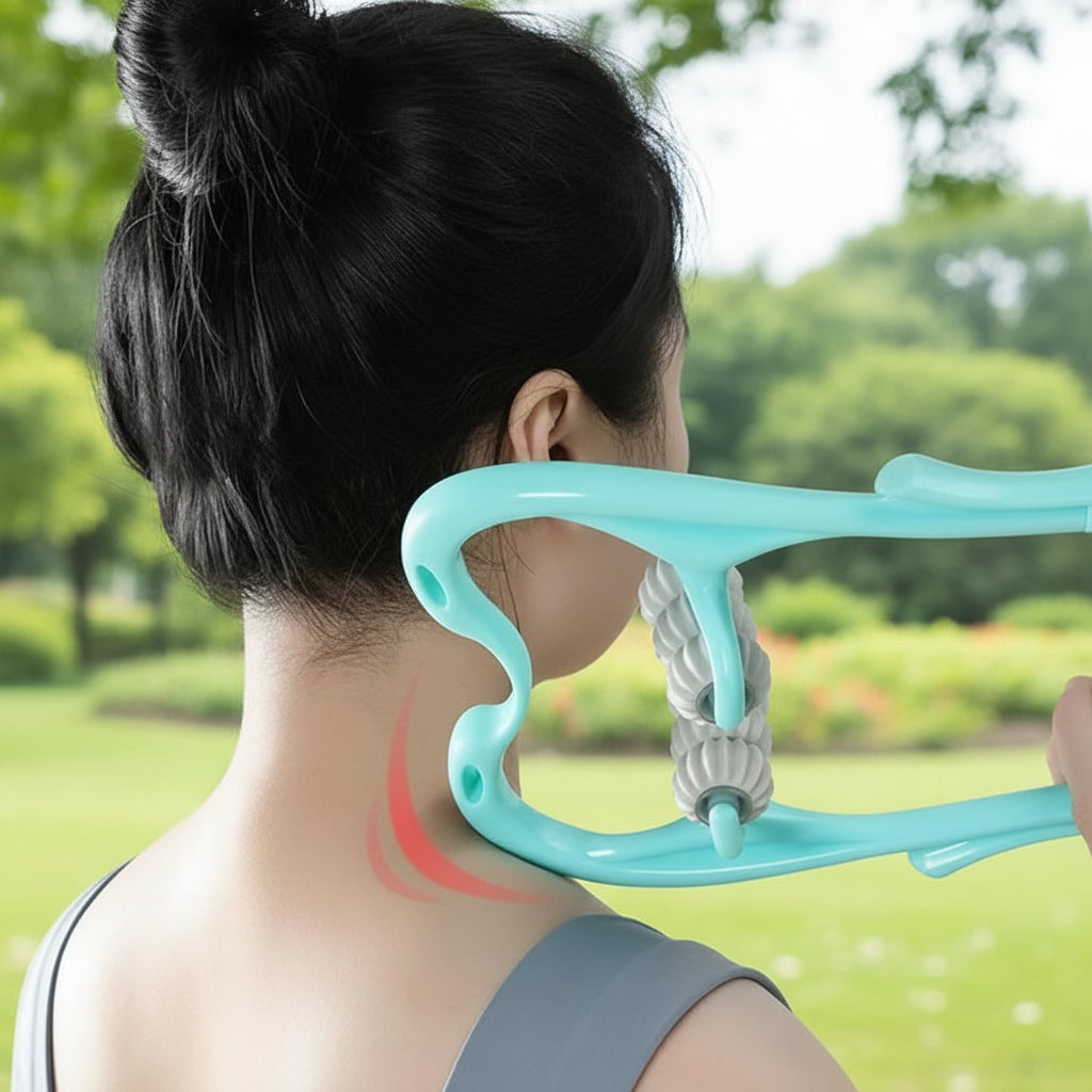 cou de femme rouleaux de massage vert gris dans un parc