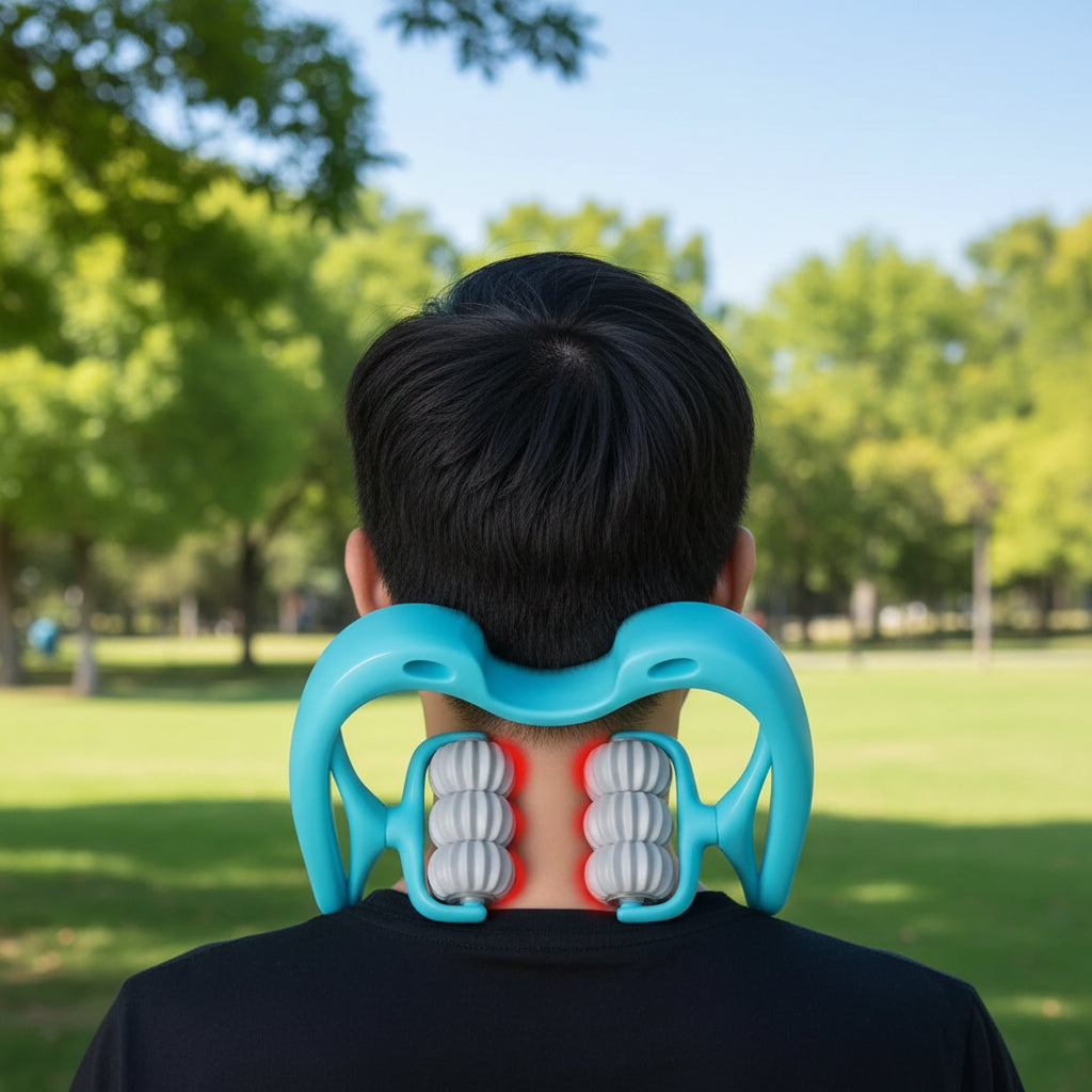 cou d'homme cheveu noir rouleaux de massage bleu dans un parc