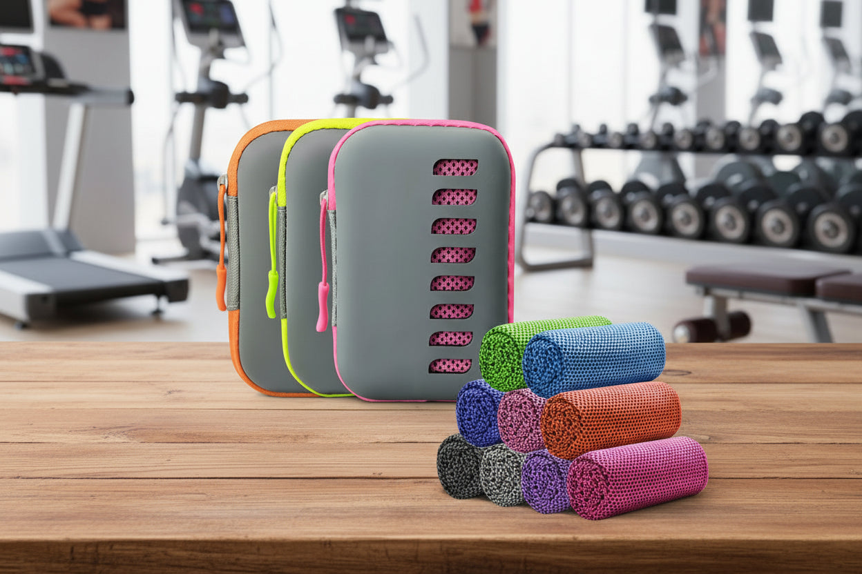 serviette de sport multicolore sur une table de bois dans un gymnase