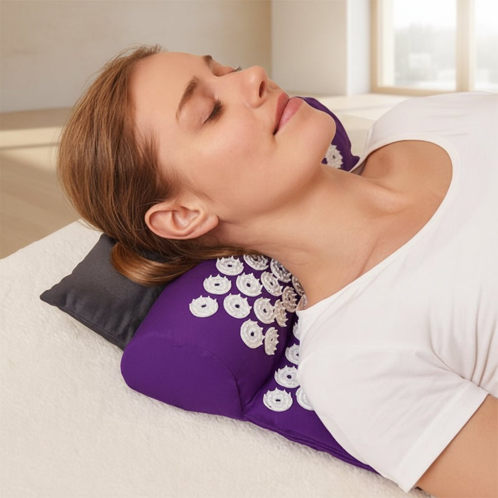 Femme allonge sur tapis d'acupression violet fond blanc