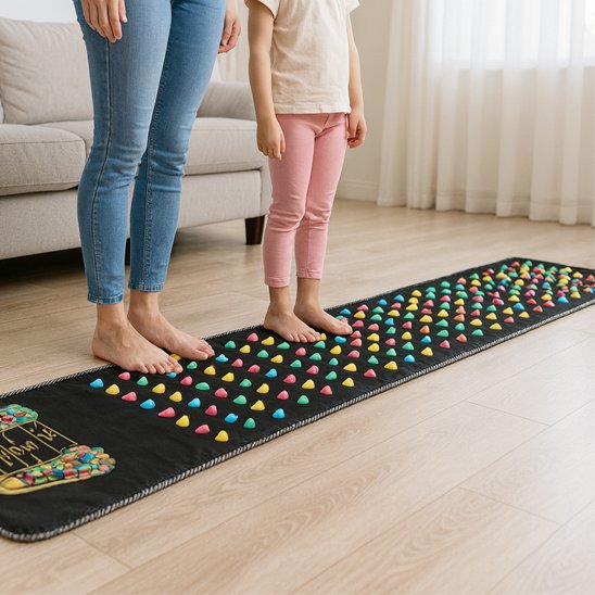 mère et fille debout sur tapis d'acupression dans le salon