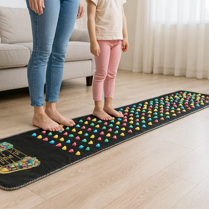 mère et fille debout sur tapis d'acupression dans le salon