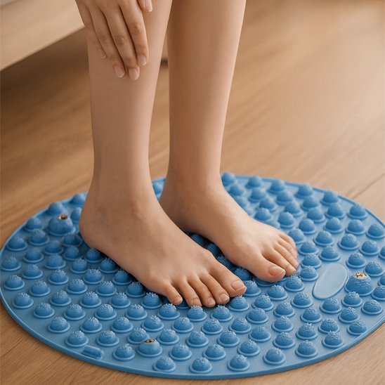 pieds sur tapis d'acupression dans le salon