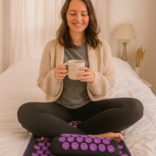 femme sur tapis d'acupression dans la chambre a coucher