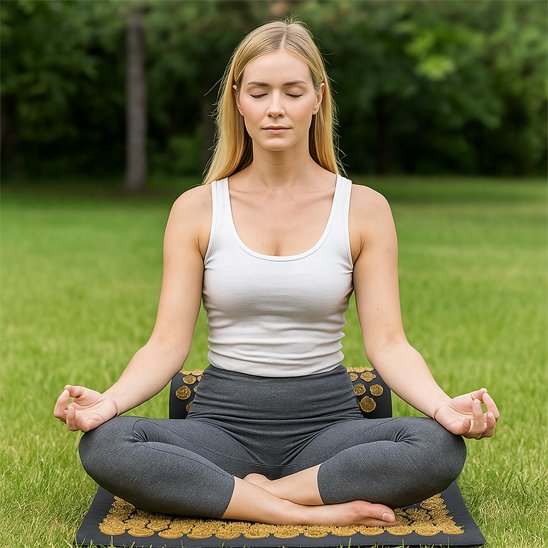 femme sur tapis d'acupression dans un parc
