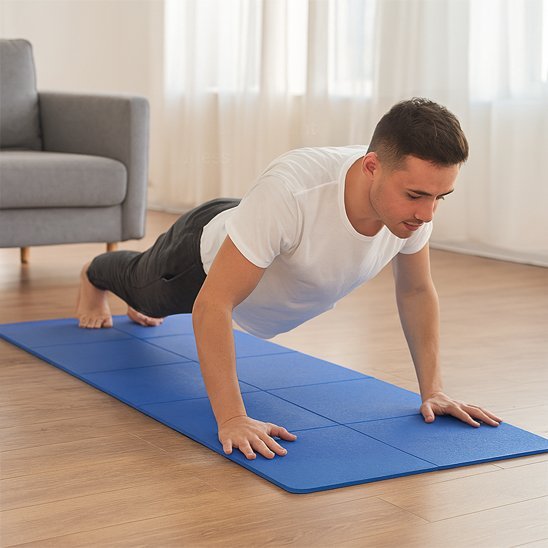 homme sur tapis de gym bleu sur plancher de bois dans le salon