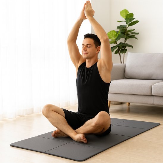 homme sur tapis de gym noir sur plancher de bois devant grande fenêtre