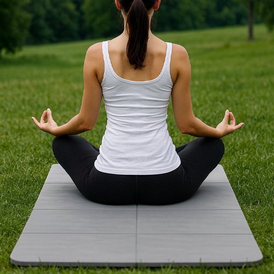 Femme en camisole blanc et pantalon noir sur tapis de gym gris sur  pelouse dans un parc