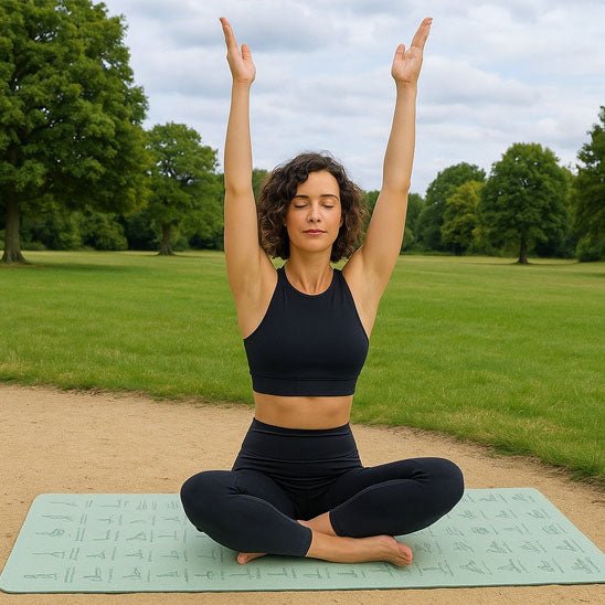 femme main vers le ciel sur tapis yoga vert pelouse verte arbre vert ciel bleu